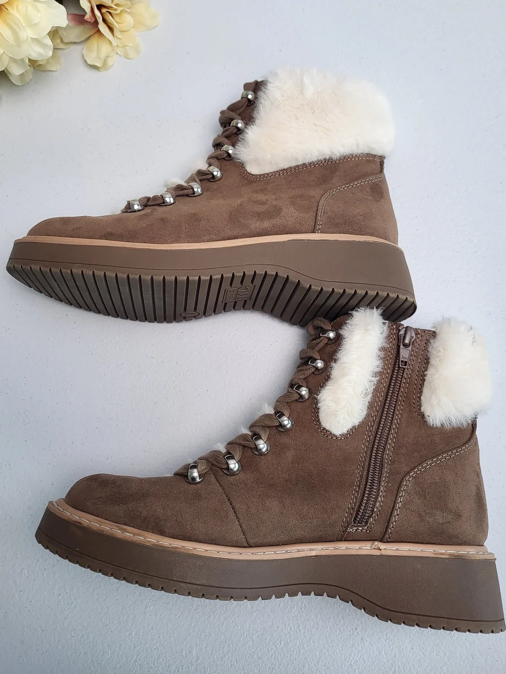 Madden NYC Women's Brown Faux-Fur Lined Suede Lace-Up Boot